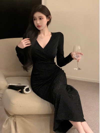 Women's V Neck Long Sleeve Shiny Glitter Mermaid Dress